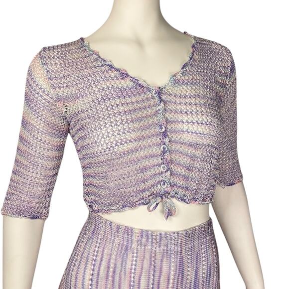 Pastel Crochet Two Piece Midi Skirt Set Y2K Lavender Handmade Matching Knitwear - Picture 2 of 16